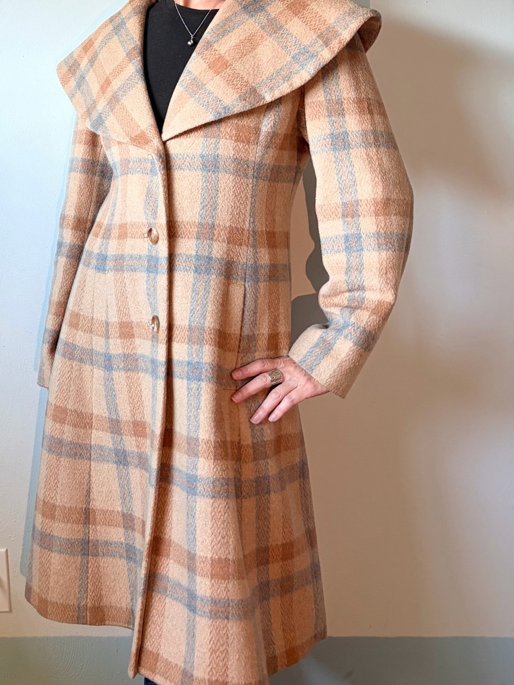 Sundance Plaid Wool Pea Coat in Beige and Blue